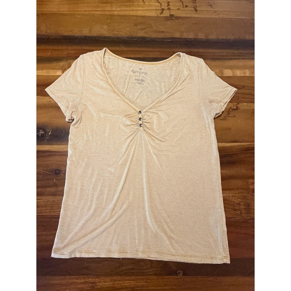 American Eagle Soft & Sexy Mustard Yellow Striped V-Neck Button Tee Medium